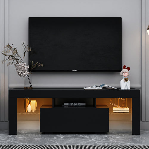 Black TV Stand with LED RGB Lights,Flat Screen TV Cabinet