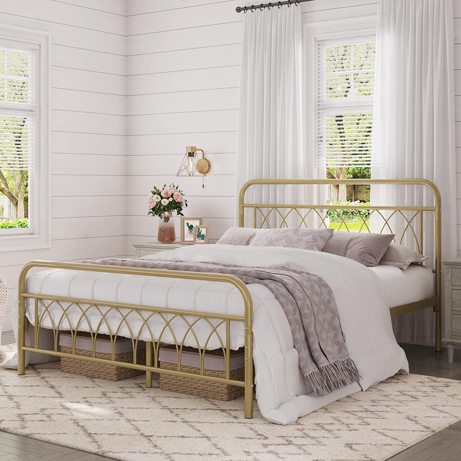 Full Bed Frame Metal Platform Bed with Petal Accented Headboard