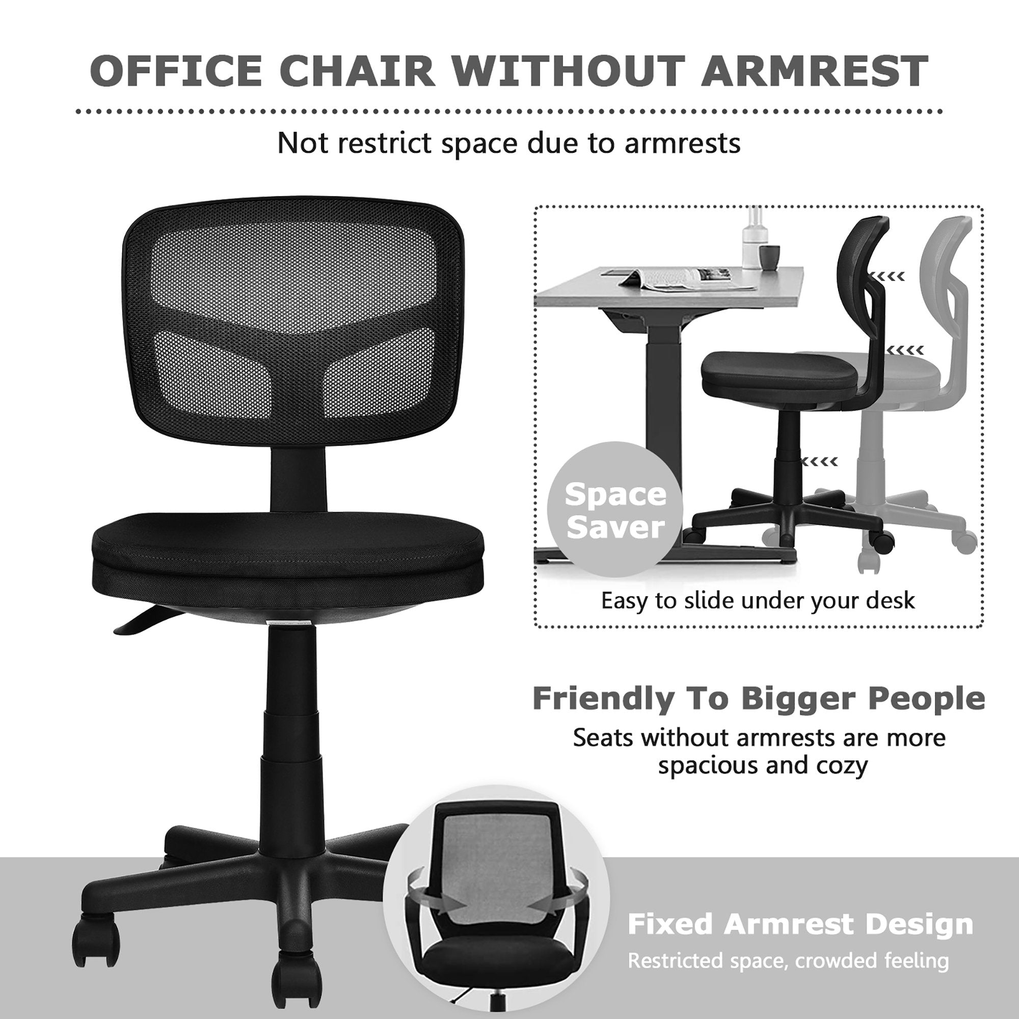 Armless Office Chair Adjustable Swivel Computer Mesh Desk Chair Black