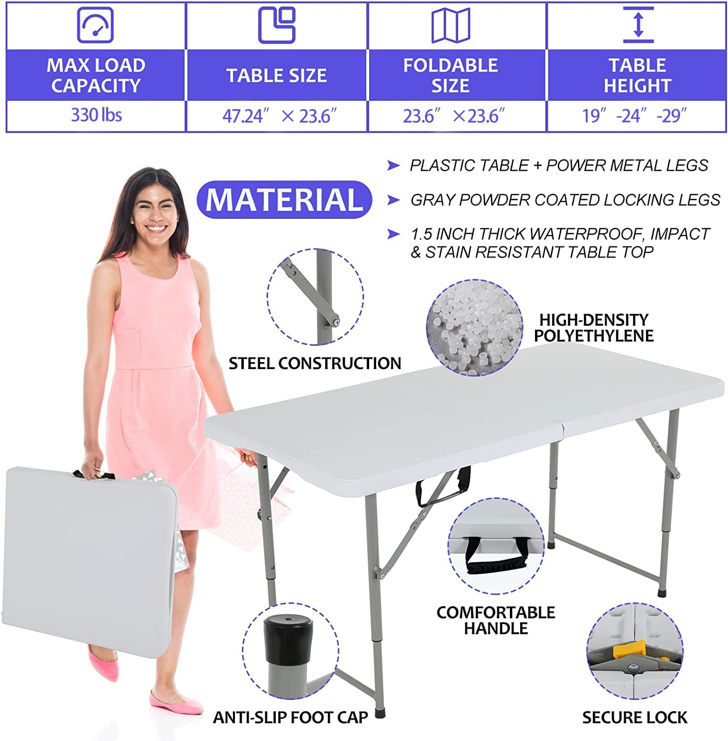 Folding Table 4Ft Height Adjustable Foldable Plastic Table with Handle Fold up Table for Indoor Outdoor Camping Party Picnic Dining