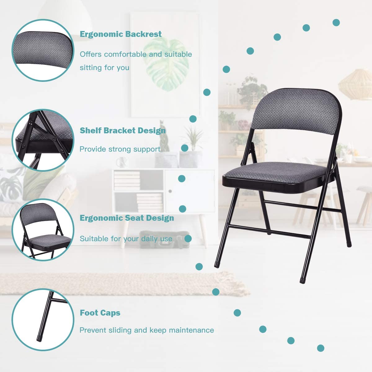 Set of 4 Folding Chairs Fabric Upholstered Padded Seat Metal Frame Home Office