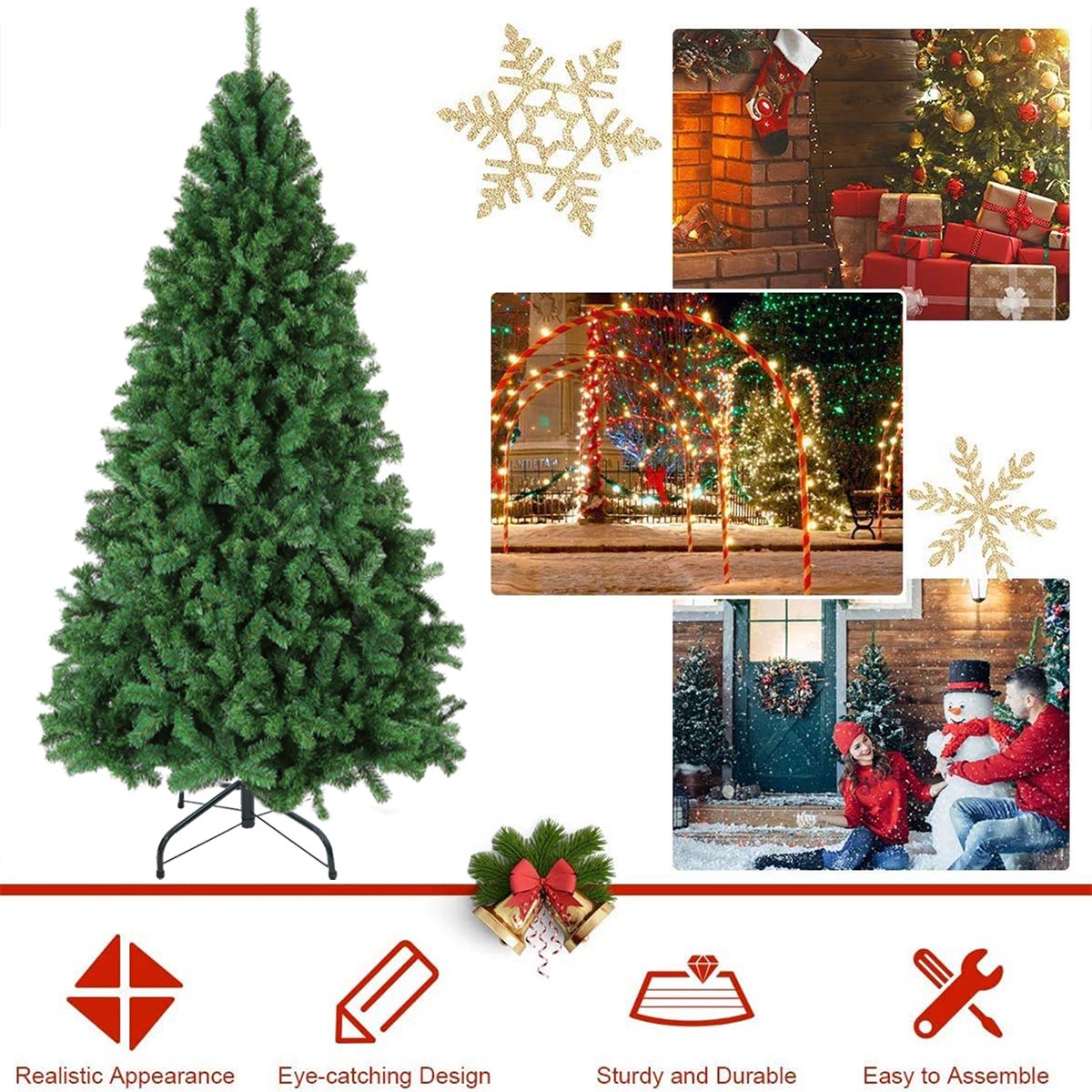 6ft Premium Christmas Tree, Pine Hinged Artificial Holiday Tree with 1000 Tips, Metal Base - Green