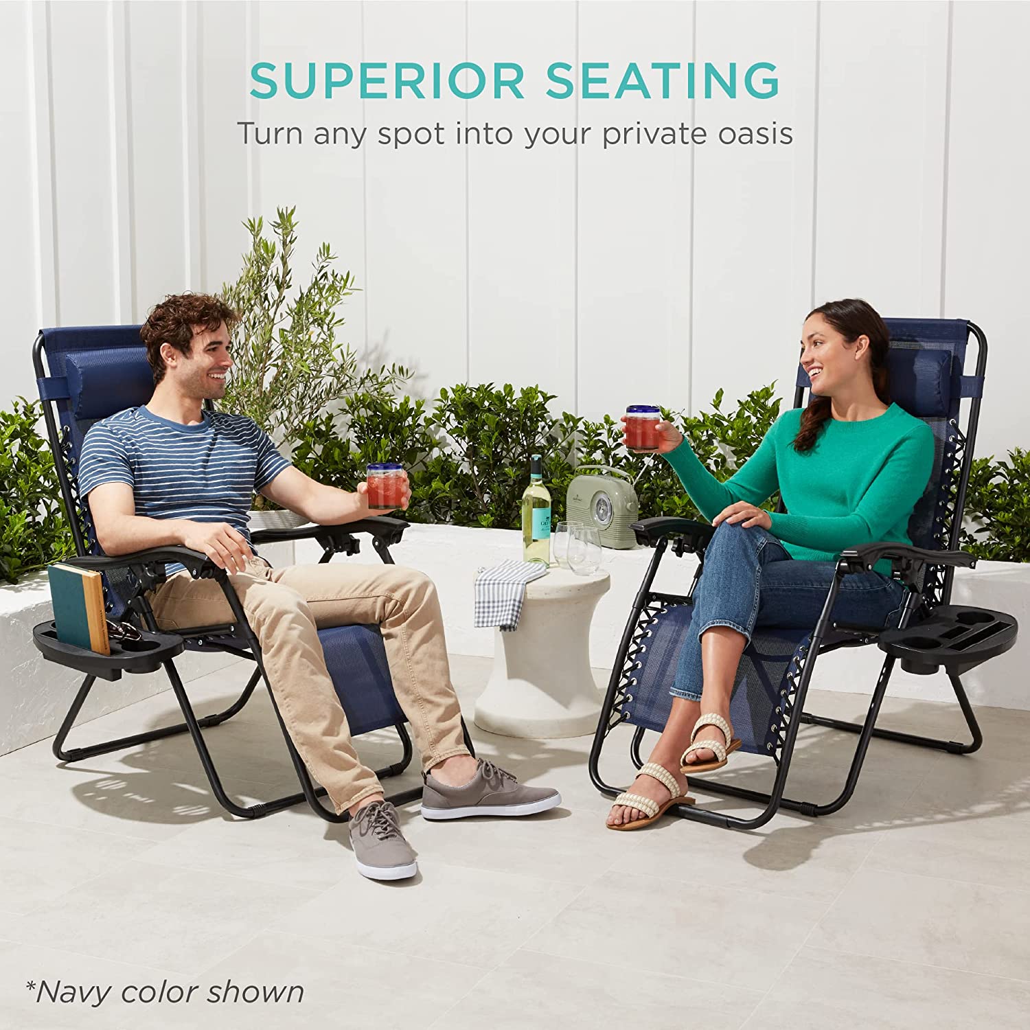 Set of 2 Adjustable Steel Mesh Zero Gravity Lounge Chair Recliners w/Pillows and Cup Holder Trays, Black