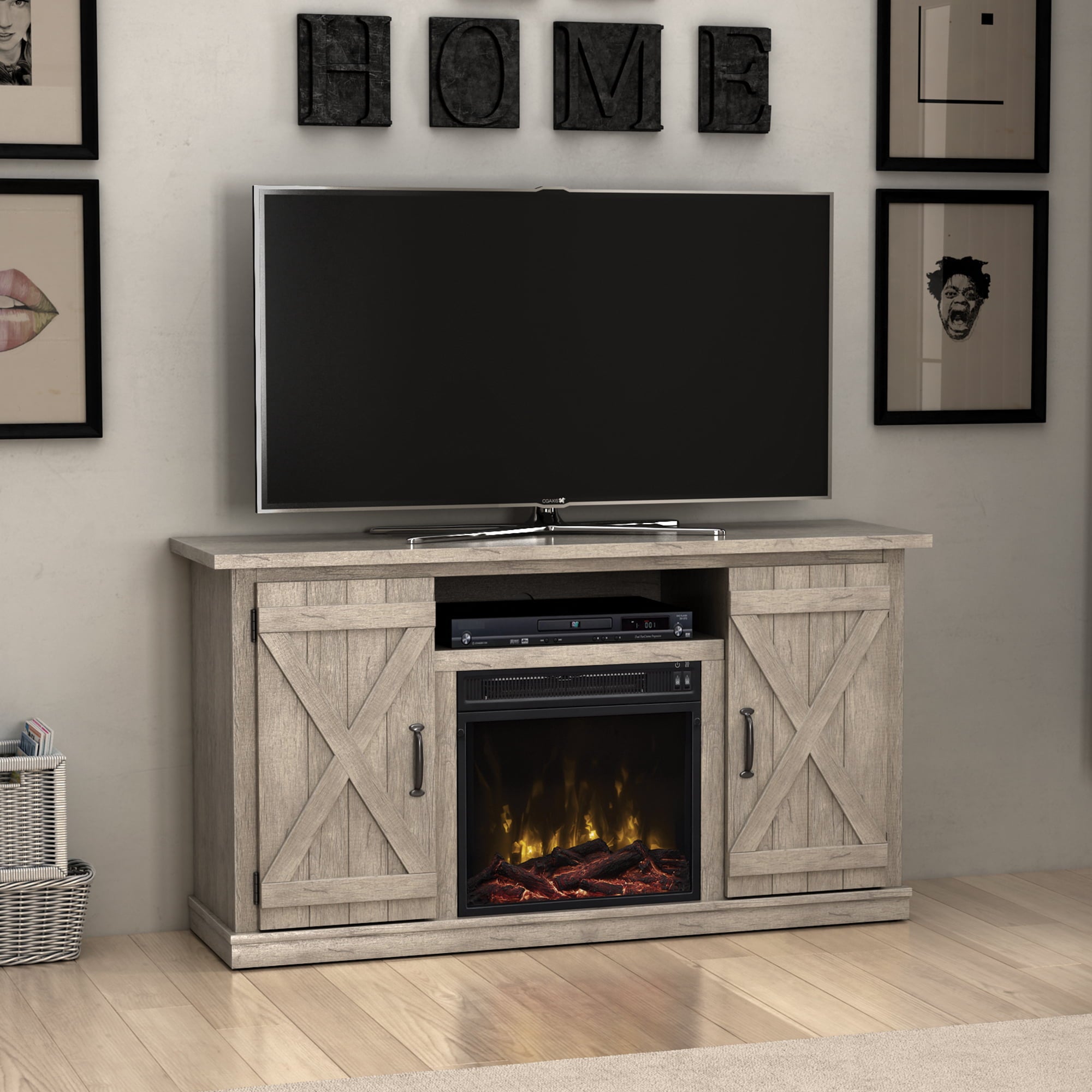 Barn Door TV Stand for TVs up to 55in with Classic Flame Electric Fireplace