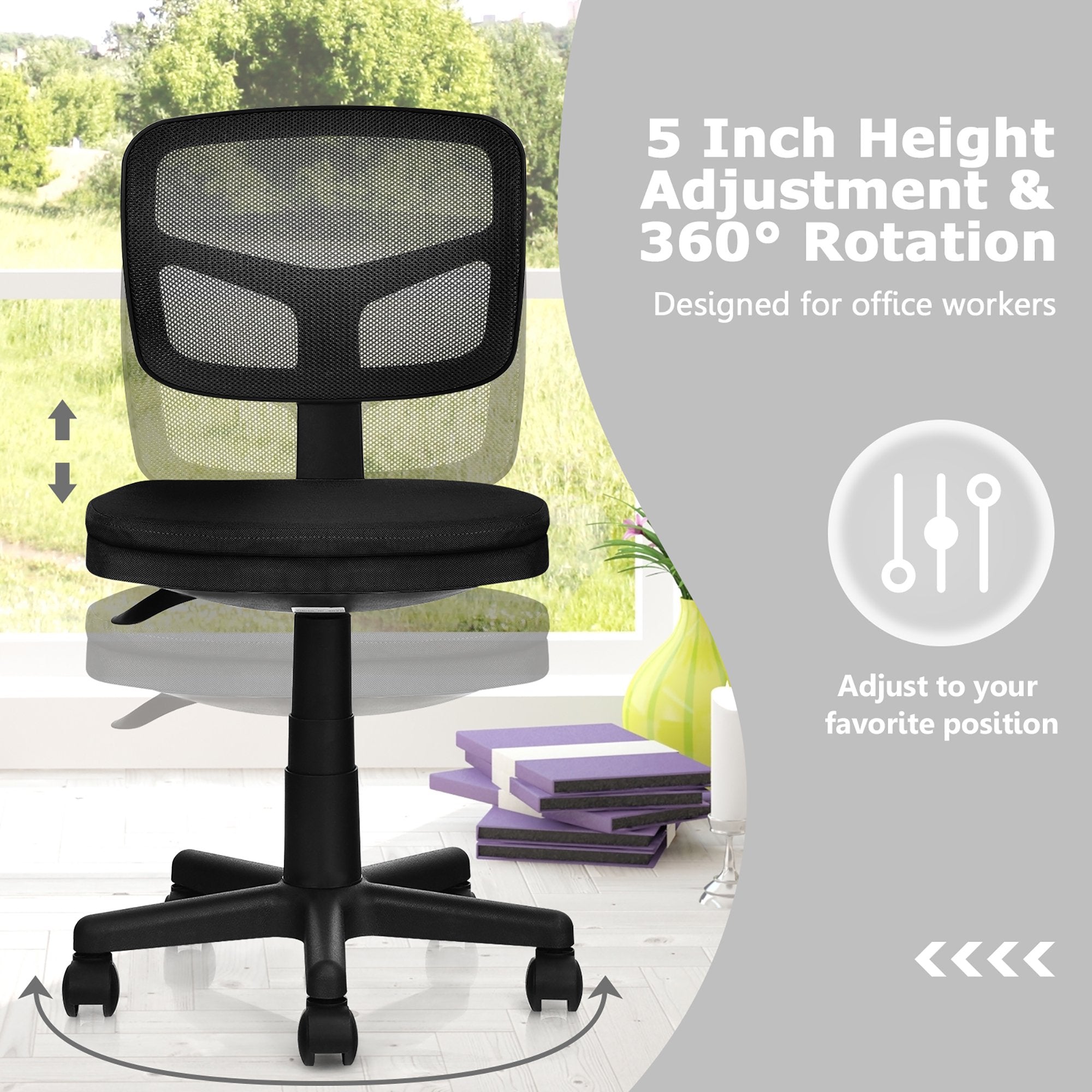 Armless Office Chair Adjustable Swivel Computer Mesh Desk Chair Black