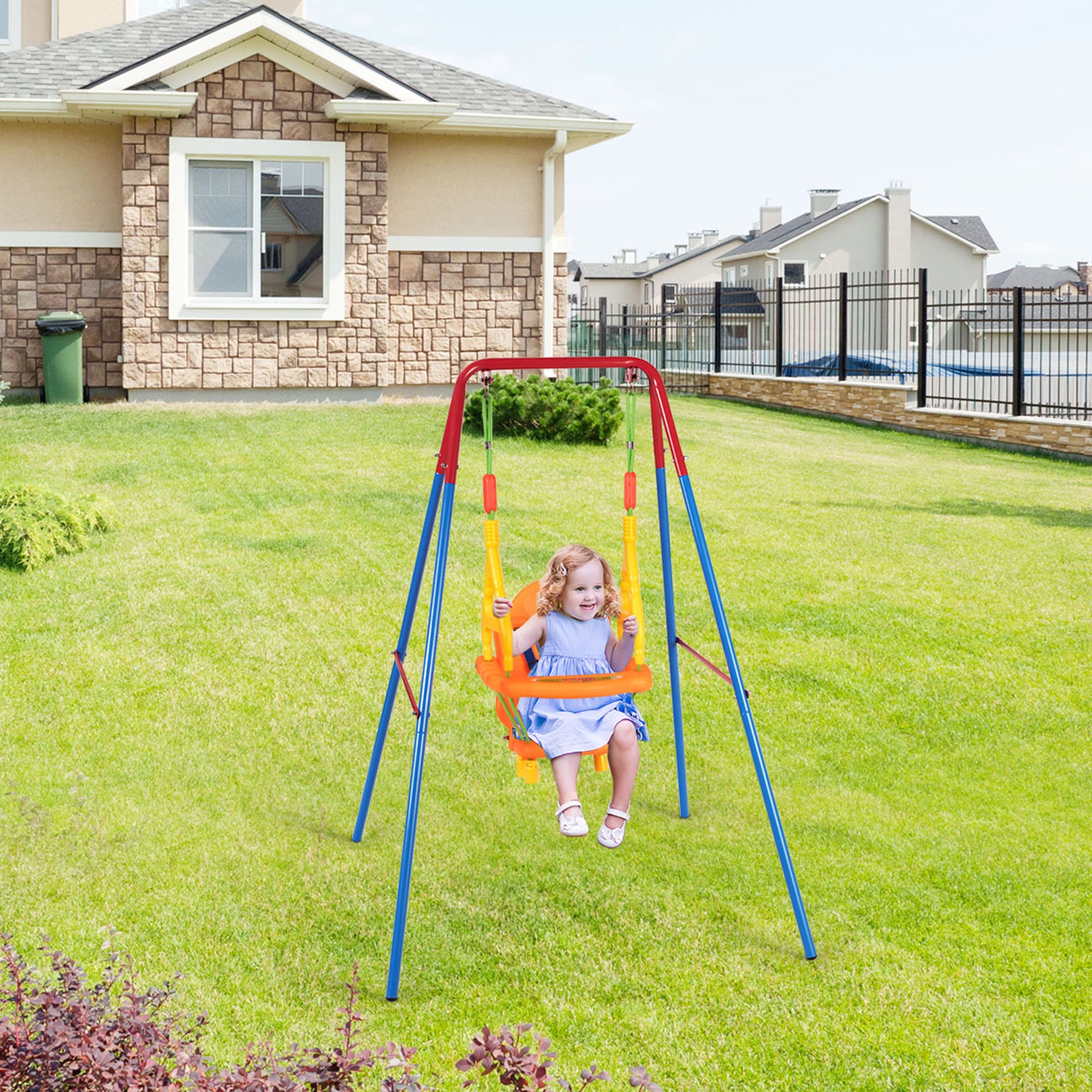 Toddler Swing Set High Back Seat w/ Handrails A-Frame Metal Swing Set Backyard