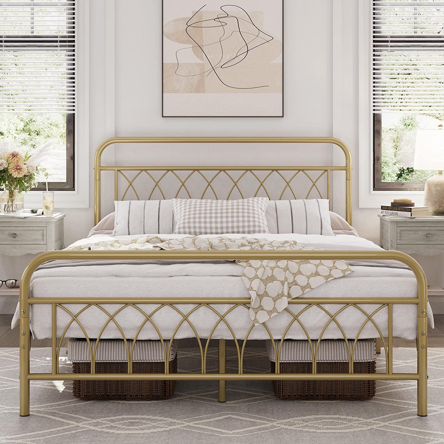 Full Bed Frame Metal Platform Bed with Petal Accented Headboard