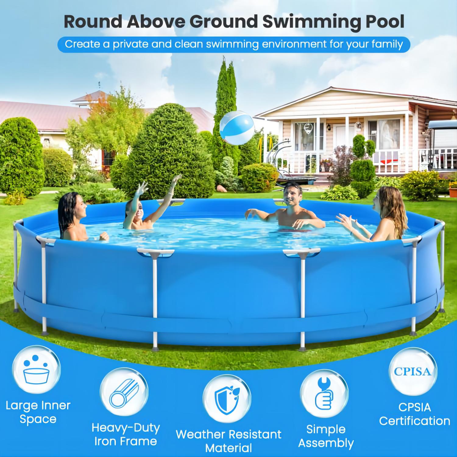 Round Above Ground Swimming Pool With Pool Cover, Blue