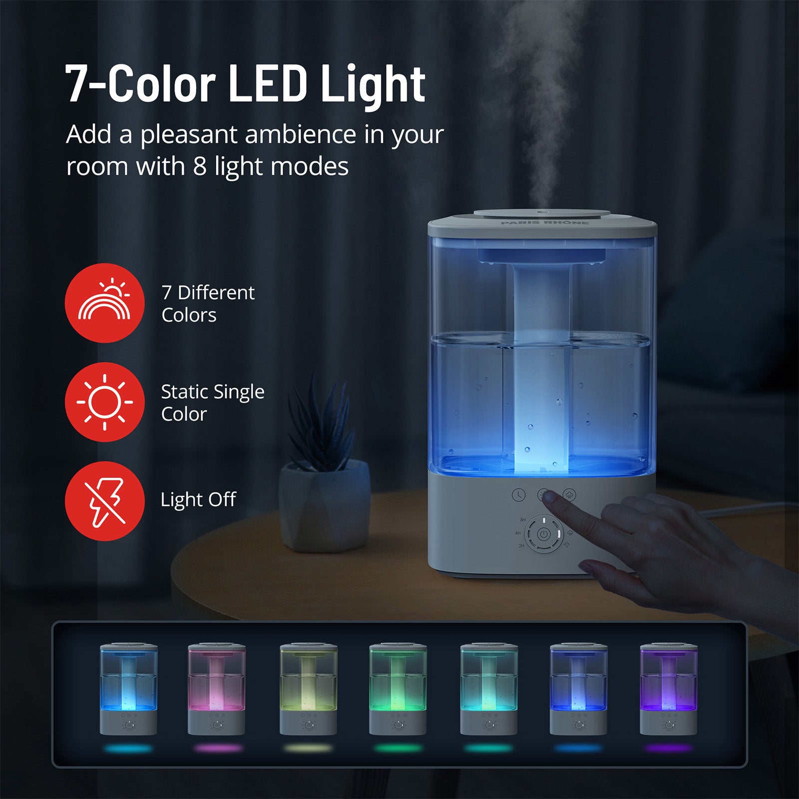 Humidifiers for Bedroom Mideum Room Home, Paris Rhone 3.5L Cool Mist Top Fill Ultrasonic Humidifier for Baby and Plants, with 7-Color LED Light, Touch Control, Auto Shut-off, Blue