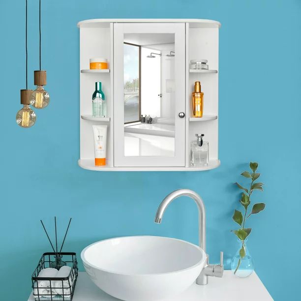 Wooden Bathroom Wall Mounted Storage Cabinet with Mirror Door  8 Shelves, White