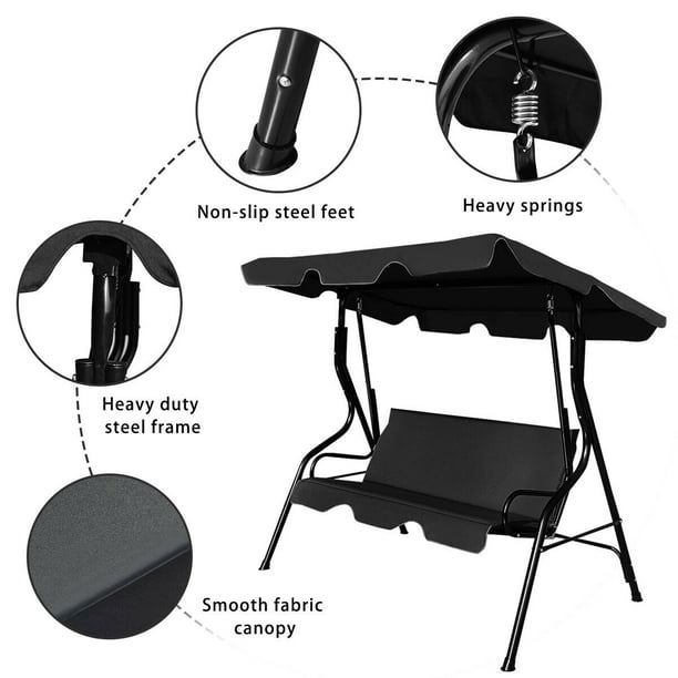 Patio 3 Seats Canopy Swing Glider Hammock Cushioned Steel Frame Outdoor Black