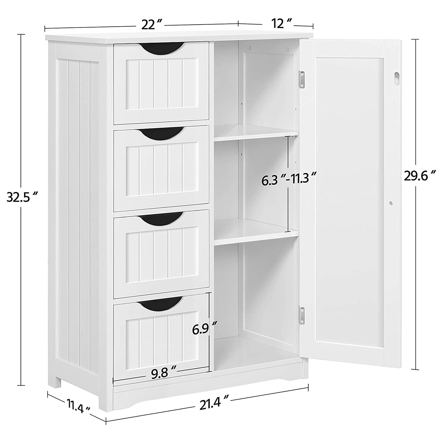 Storage Cabinet Wooden 4 Drawer Bathroom Entryway Cupboard, White