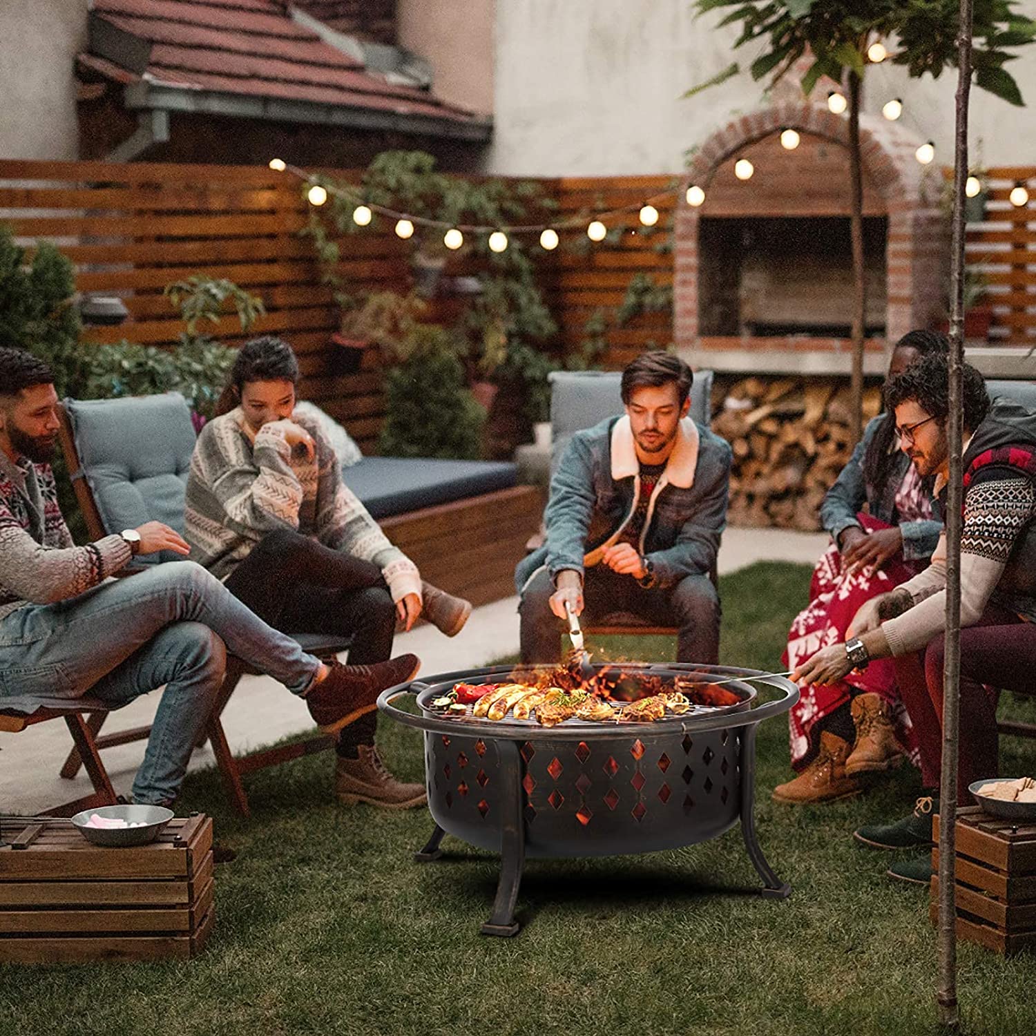 36 Inch Fire Pits for Outside Large Outdoor Wood Burning Crossweave firepit Heavy Duty Steel Bronze Bonfire Pit for Patio Backyard Garden with BBQ Grate,Spark Screen,Log Grate,Poker