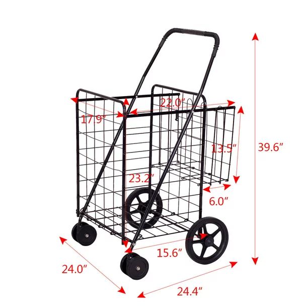 Folding Shopping Cart Jumbo Basket with Swivel Wheels, Black
