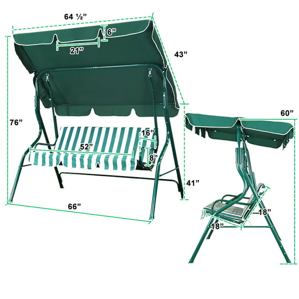 3-Seat Outdoor Steel Porch Swing with Canopy