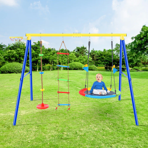 4 in 1 Outdoor Toddler Saucer Swing Set for Backyard, Playground Tree Swing Sets with Steel Frames, Climbing Rope with Disc Tree Swing Playset and Basketball Hoop