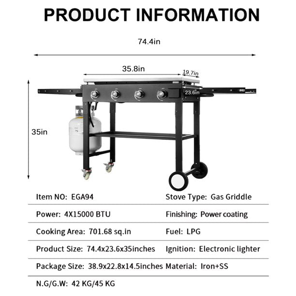 ALPULON 60000BTU 4 Burner Foldable Outdoor Propane Gas Grill , Black