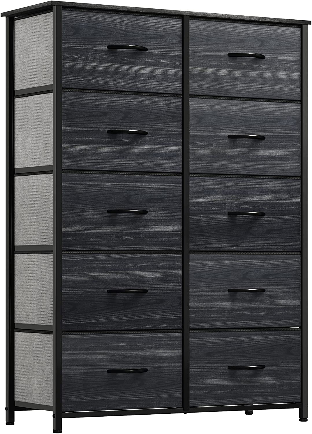 10 Drawer Dresser Fabric Storage Tower, Organizer Unit for Living Room, Hallway, Closets  Nursery - Sturdy Steel Frame, Wooden Top  Easy Pull Fabric Bins (Charcoal Black Wood Grain)