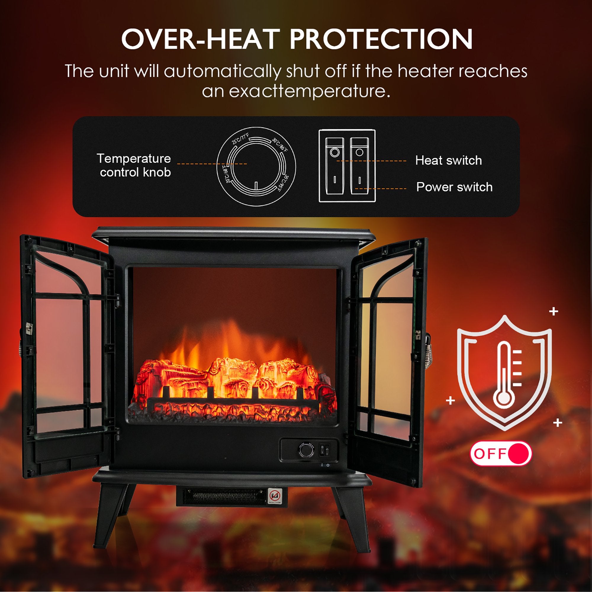 25in Freestanding Electric Fireplace Heater Stove W/ Realistic Flame effect 1400W