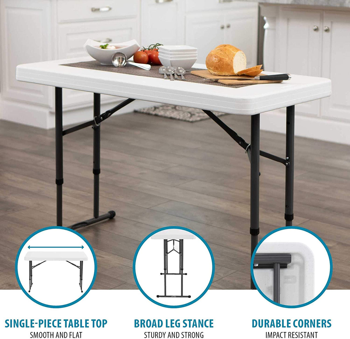 Commercial Height Adjustable Folding Utility Table, 4 Feet, White Gran ...