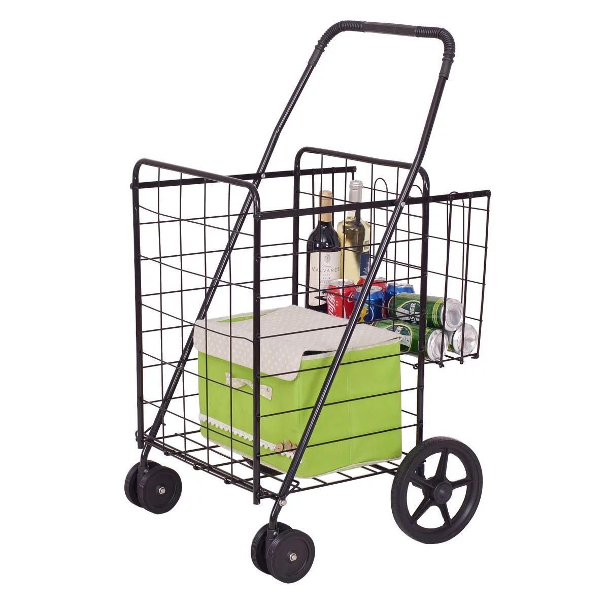 Folding Shopping Cart Jumbo Basket with Swivel Wheels, Black