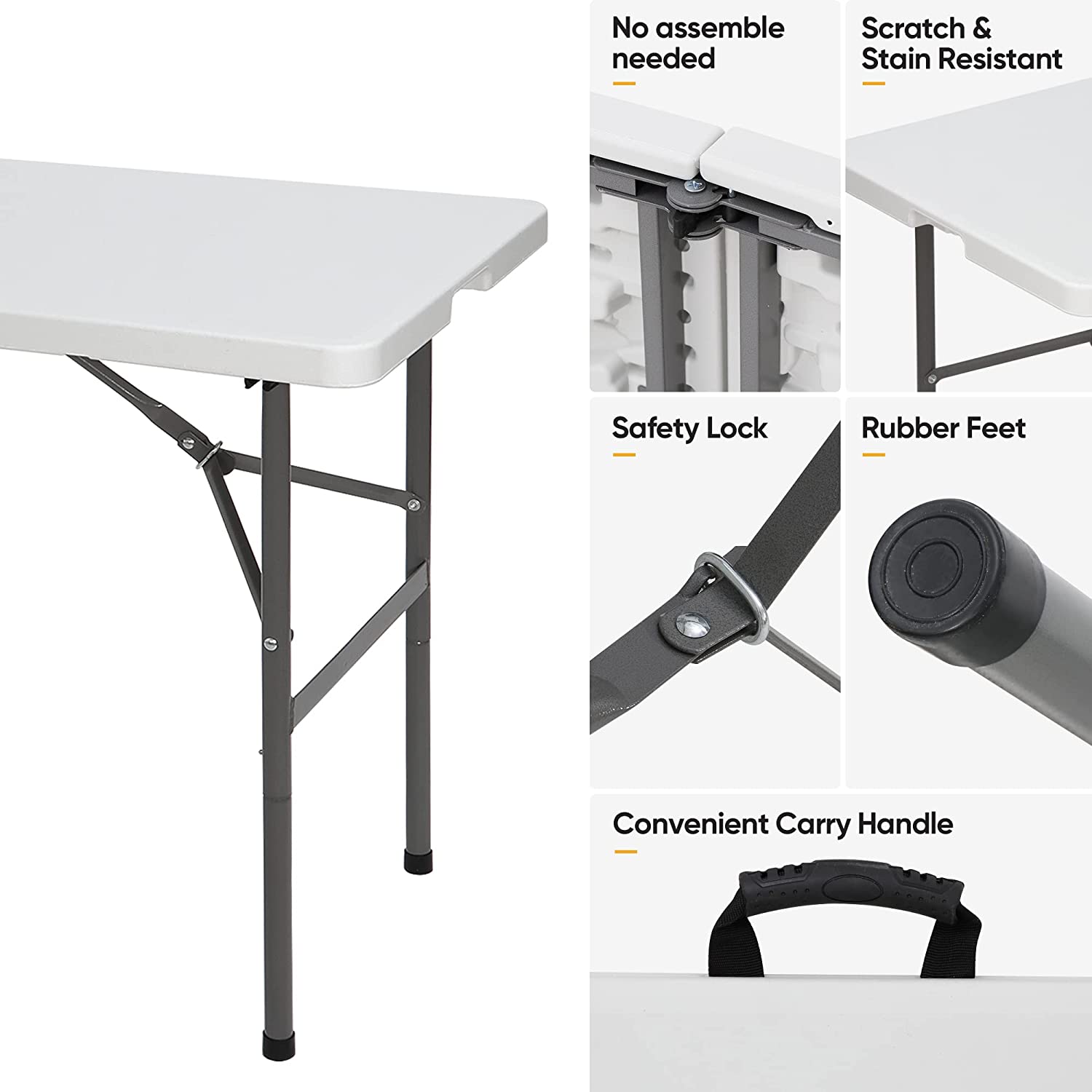 4 Foot Plastic Folding Table, Indoor Outdoor Heavy Duty Fold-in-Half Picnic Party