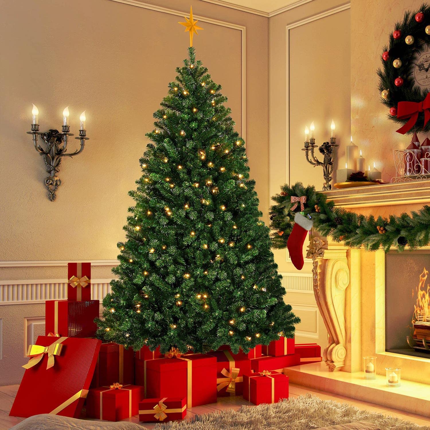 6ft Pre lit Spruce Artificial Hinged Christmas Pine Tree Prelighted Holiday Xmas Tree for Home Party Decoration with 300 Warm White Lights and 818 Branch Tips, Green