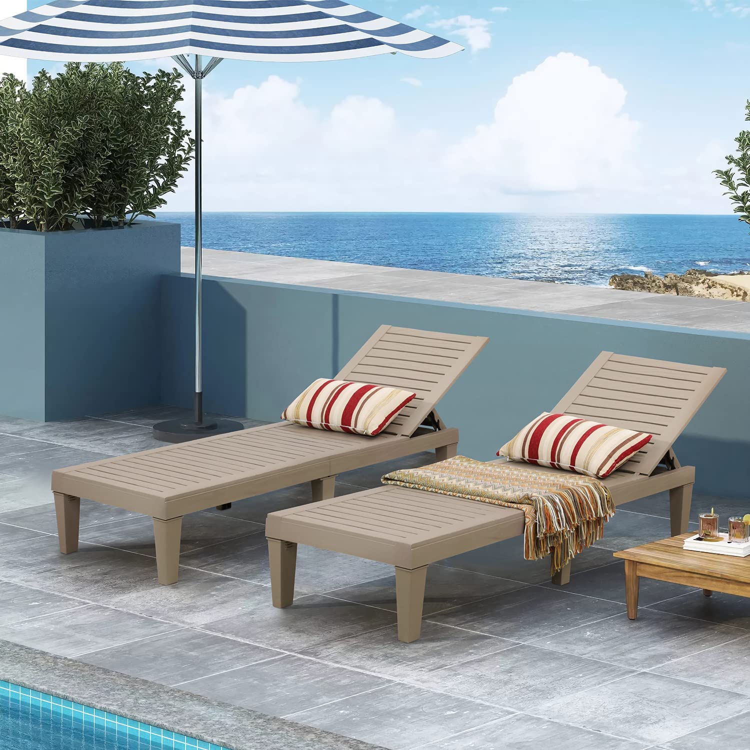 Patio Chaise Lounge Chair Set of 2 Outdoor PE Waterproof Adjustable Easy Assembly Lounge Chairs for Outside Pool Garden Deck Beach