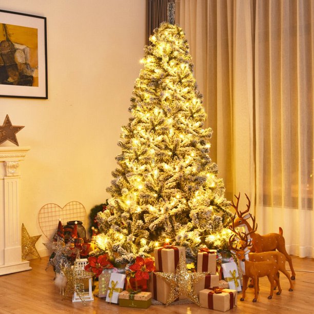 7.5ft Snow Flocked Hinged Artificial Christmas Tree without Lights, White