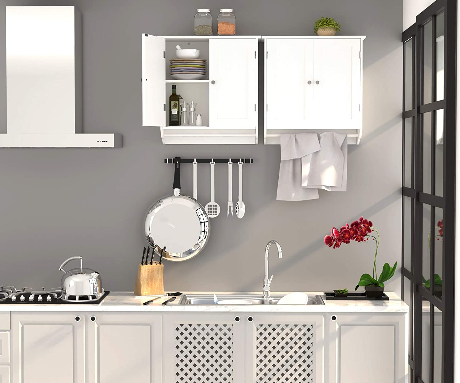 Bathroom Wall Cabinet, 23.6'' W over The Toilet Storage Cabinet with Double Door Cupboard and Adjustable Shelf and Towels Bar, White