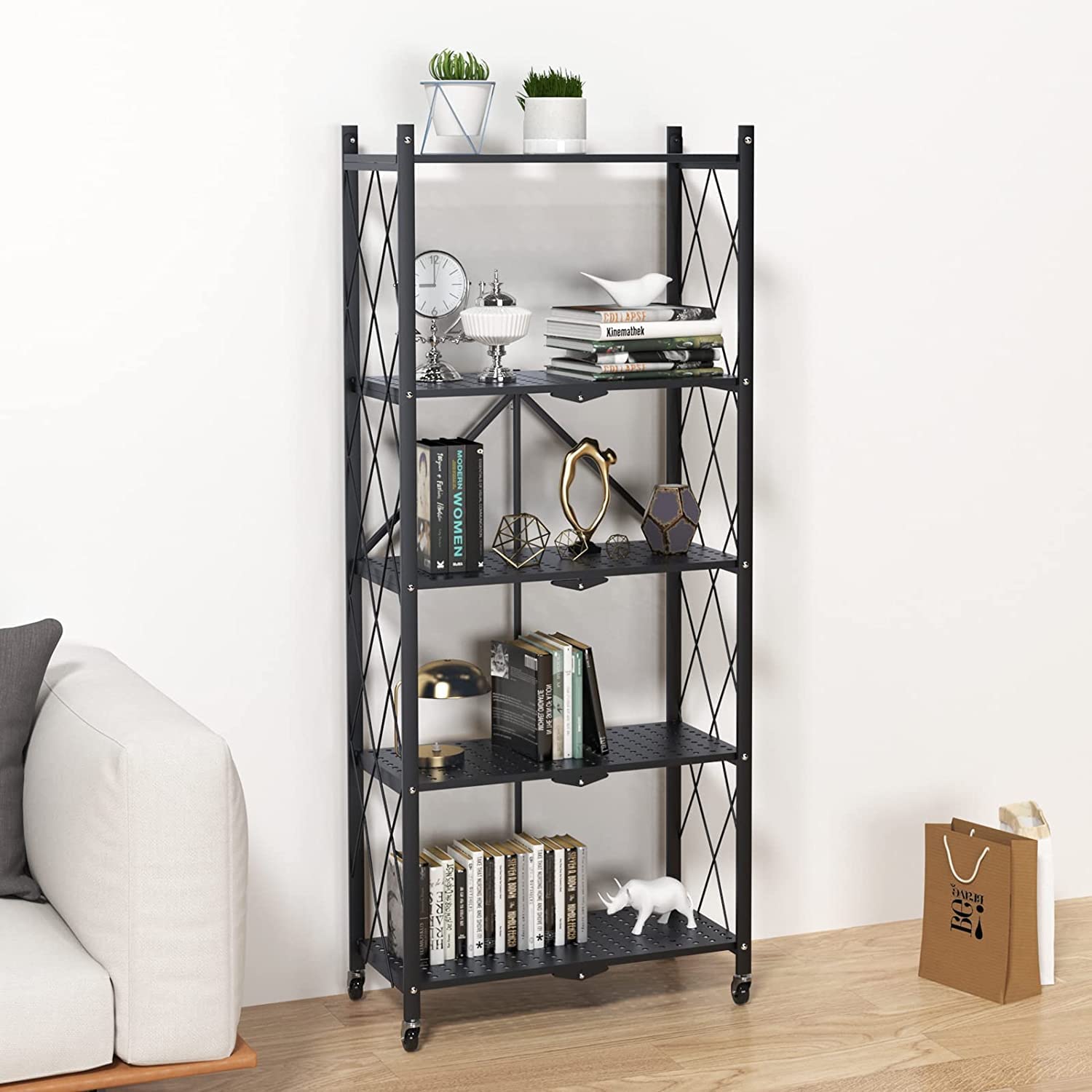 5 Shelf Foldable Storage Shelf Unit on Wheels (No Assembly) Large Capacity Shelving Unit Steel for Kitchen, Garage, Basement, Pantry£¬Heavy Duty Steel Shelving Organizer Rack