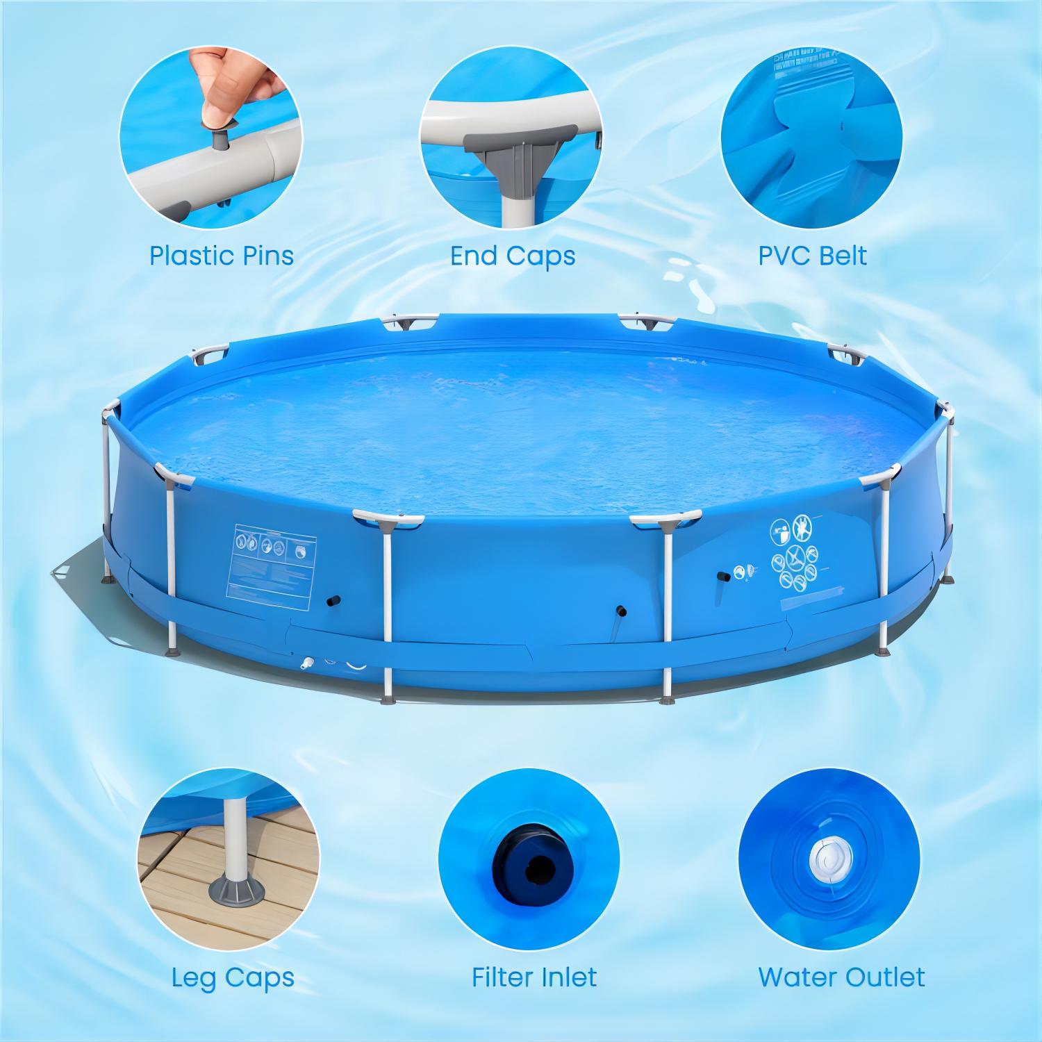 Round Above Ground Swimming Pool With Pool Cover, Blue