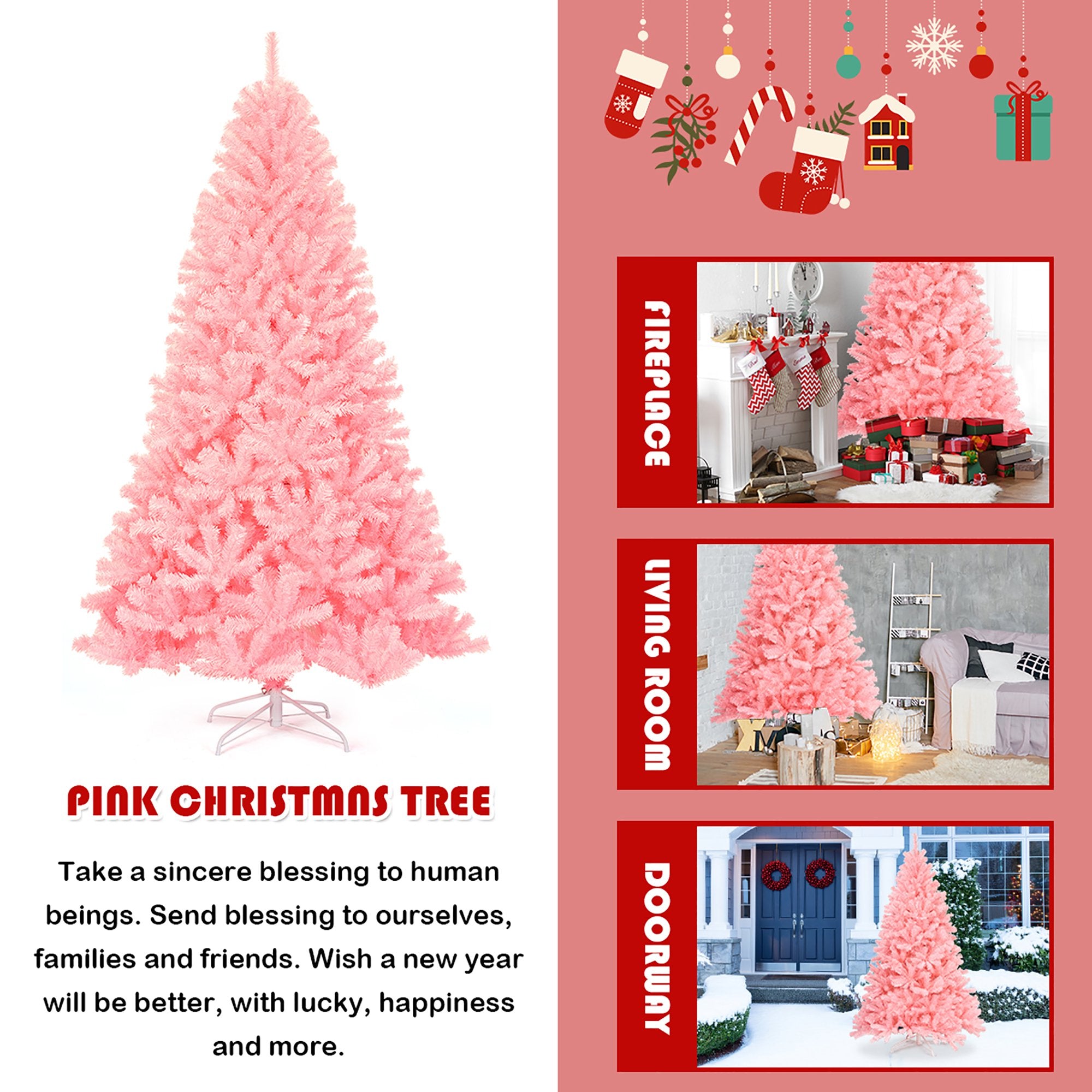 7.5Ft Hinged Artificial Christmas Tree Full Fir Tree New PVC w/ Metal Stand Pink