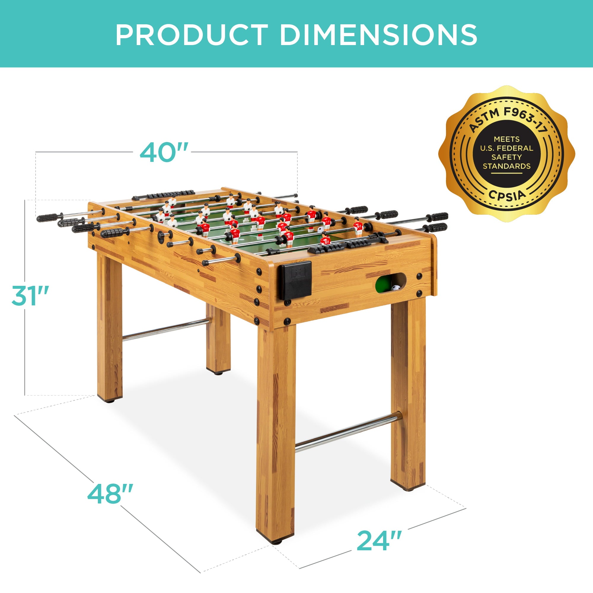 48in Competition Sized Soccer Foosball Table for Home, Game Room, Arcade w/ 2 Balls, 2 Cup Holders