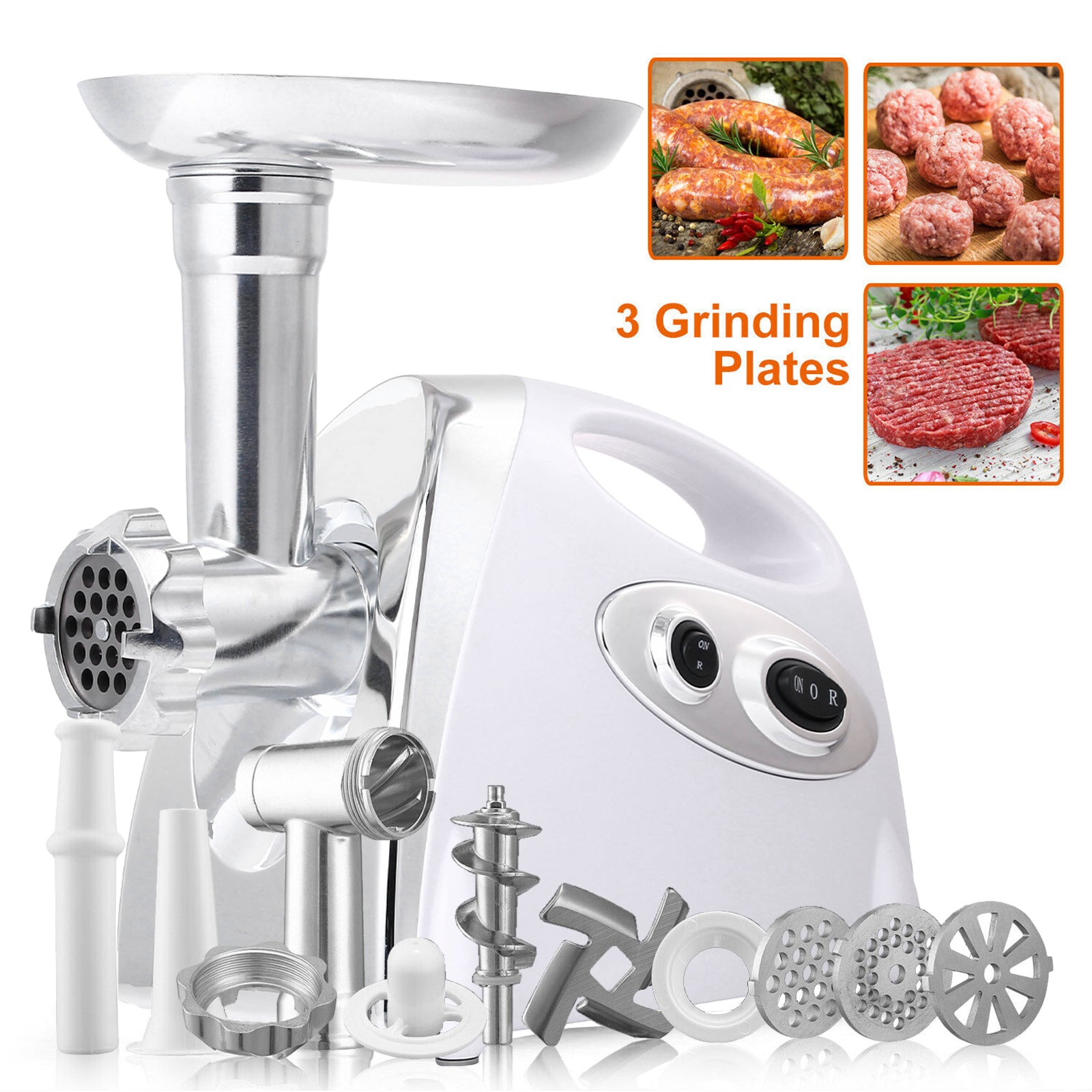 1200W Electric Meat Grinder with Sausage Kit 3 Grinder Plates, White
