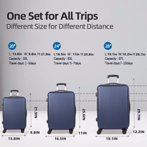 3 Piece Luggag Sets with TSA Lock and 360¡ã Spinner Wheels 20/24/28 inch Suitcase Sets, Blue