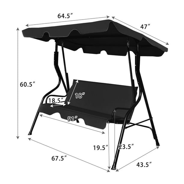 Patio 3 Seats Canopy Swing Glider Hammock Cushioned Steel Frame Outdoor Black