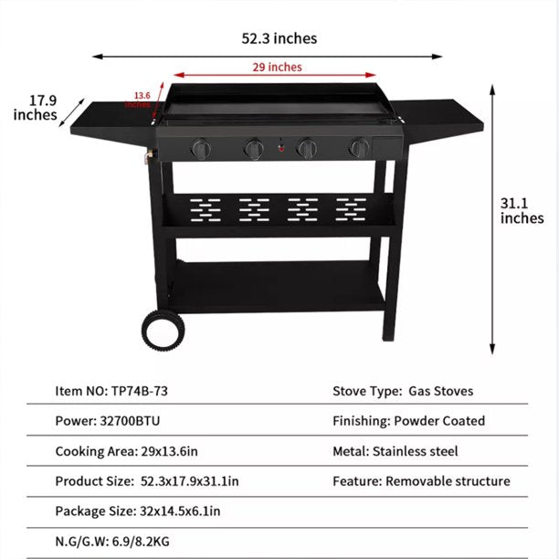 4-Burner Griddle Propane Gas Grill, Black