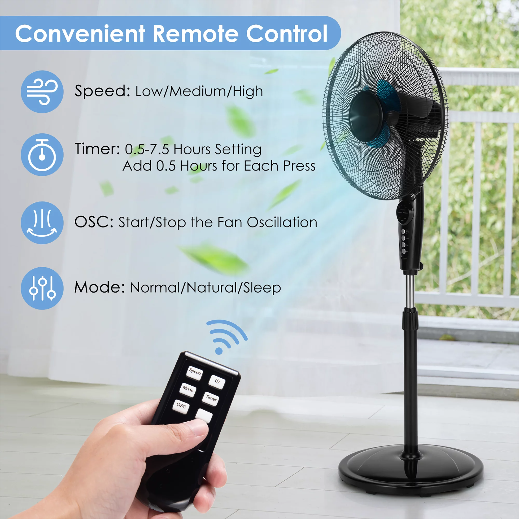 16in Adjustable Oscillating Pedestal Fan Dual Blades w/Remote Control