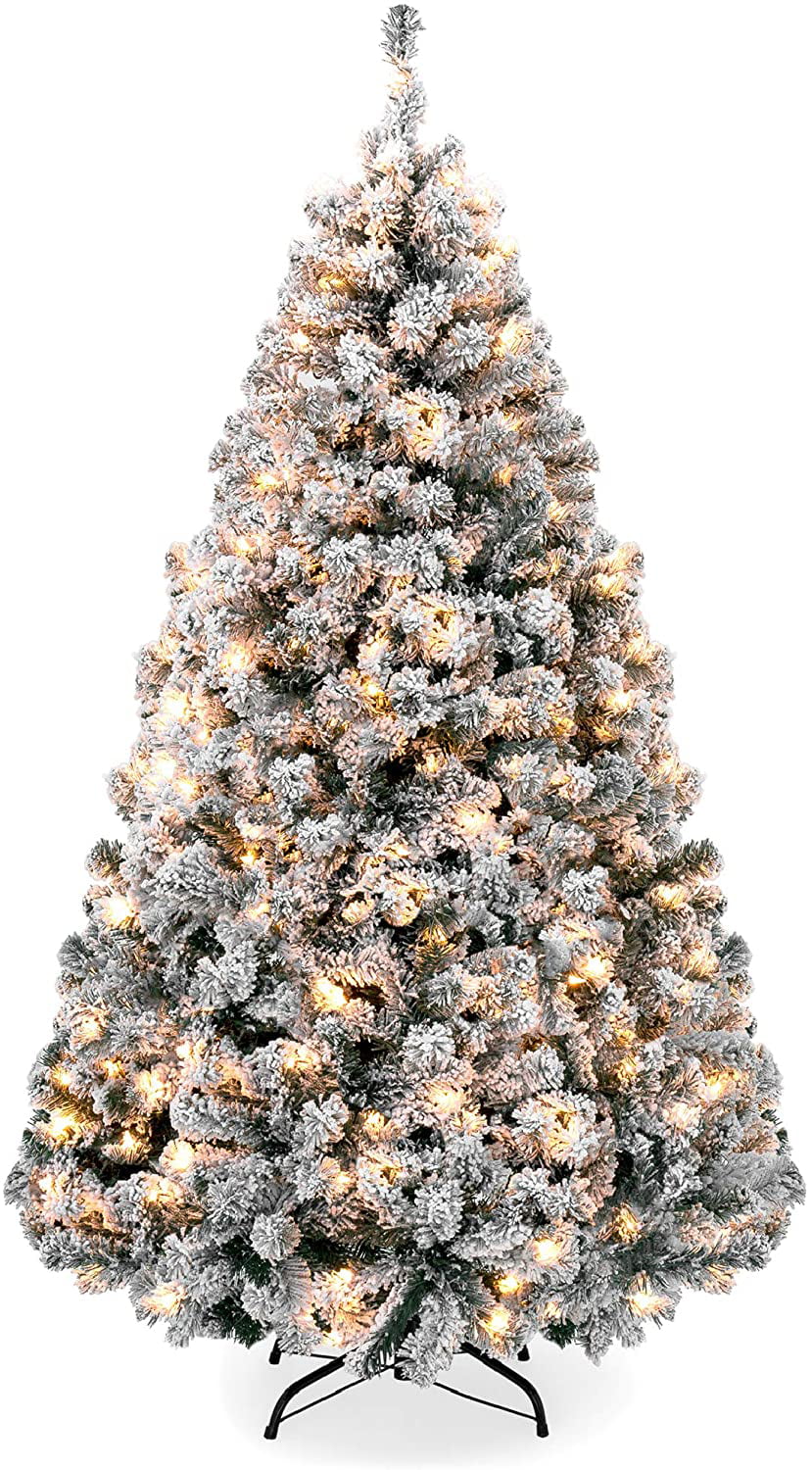 7.5ft Pre Lit Snow Flocked Artificial Holiday Christmas Pine Tree for Home, Office, Party Decoration w/ 250 Warm White Lights, Metal Hinges  Base
