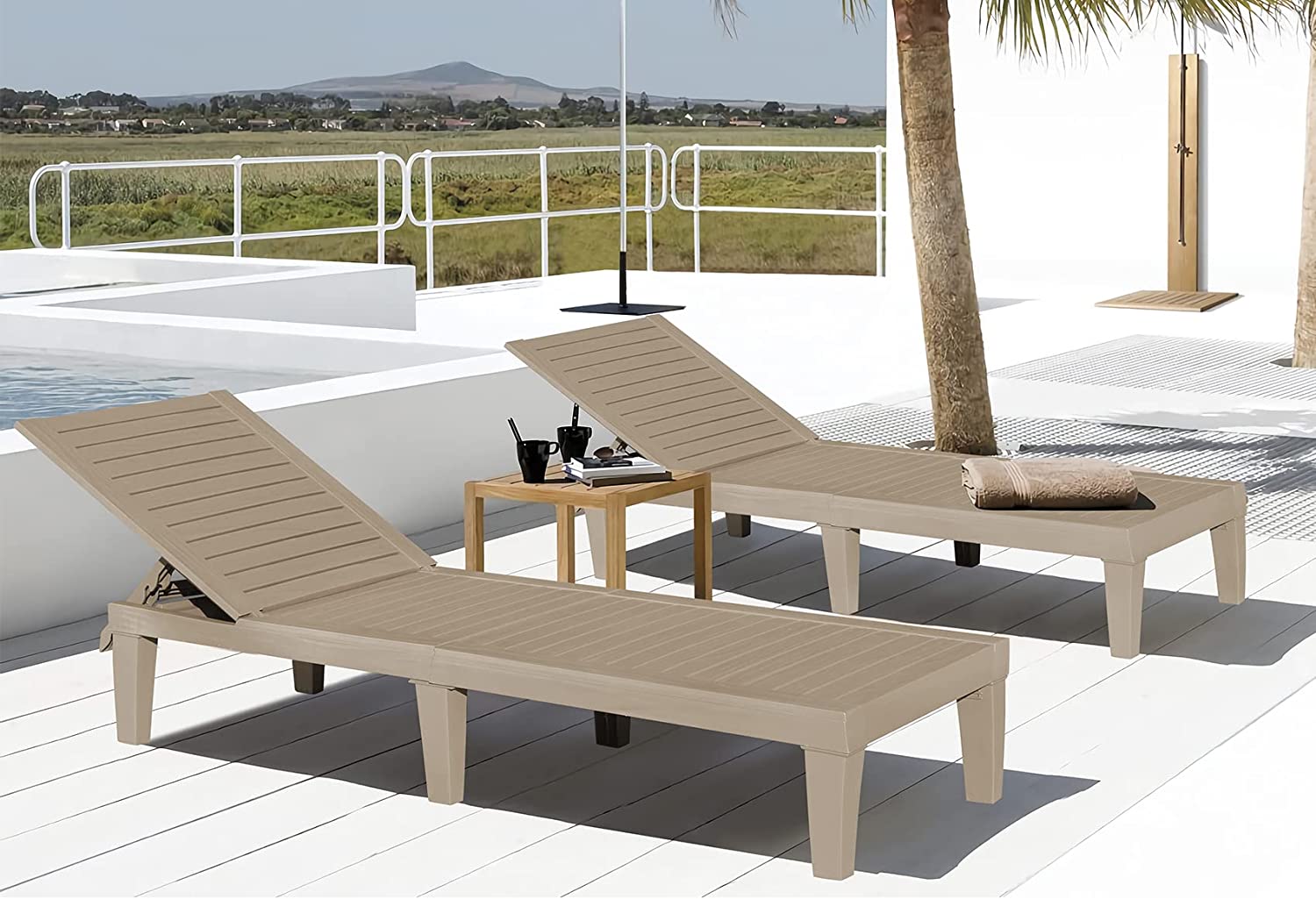 Patio Chaise Lounge Chair Set of 2 Outdoor PE Waterproof Adjustable Easy Assembly Lounge Chairs for Outside Pool Garden Deck Beach