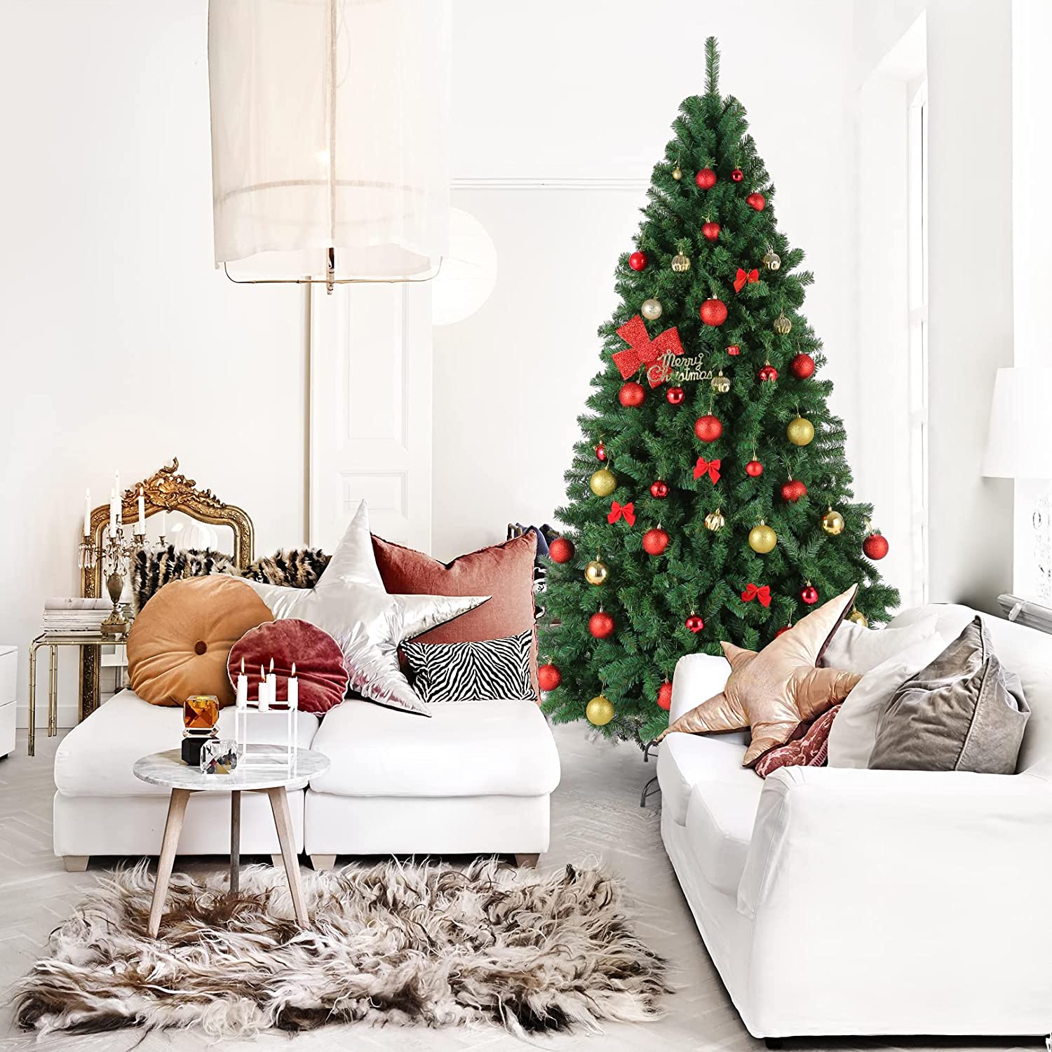 7.5ft Artificial Holiday Christmas Tree, Unlit Premium Hinged Spruce Holiday Xmas Tree with Metal Foldable Stand for Home, Office, Party Decoration