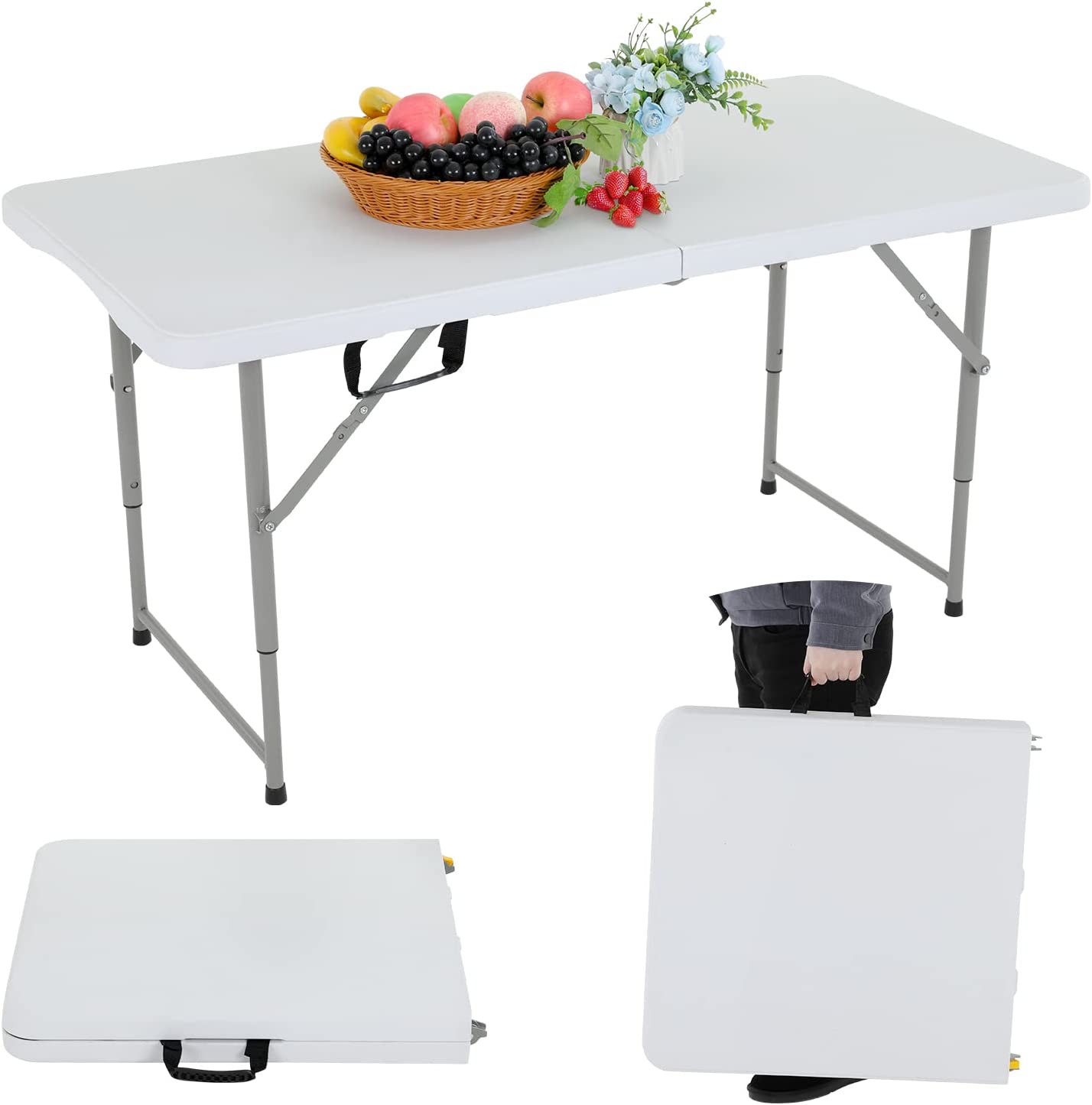 Folding Table 4Ft Height Adjustable Foldable Plastic Table with Handle Fold up Table for Indoor Outdoor Camping Party Picnic Dining