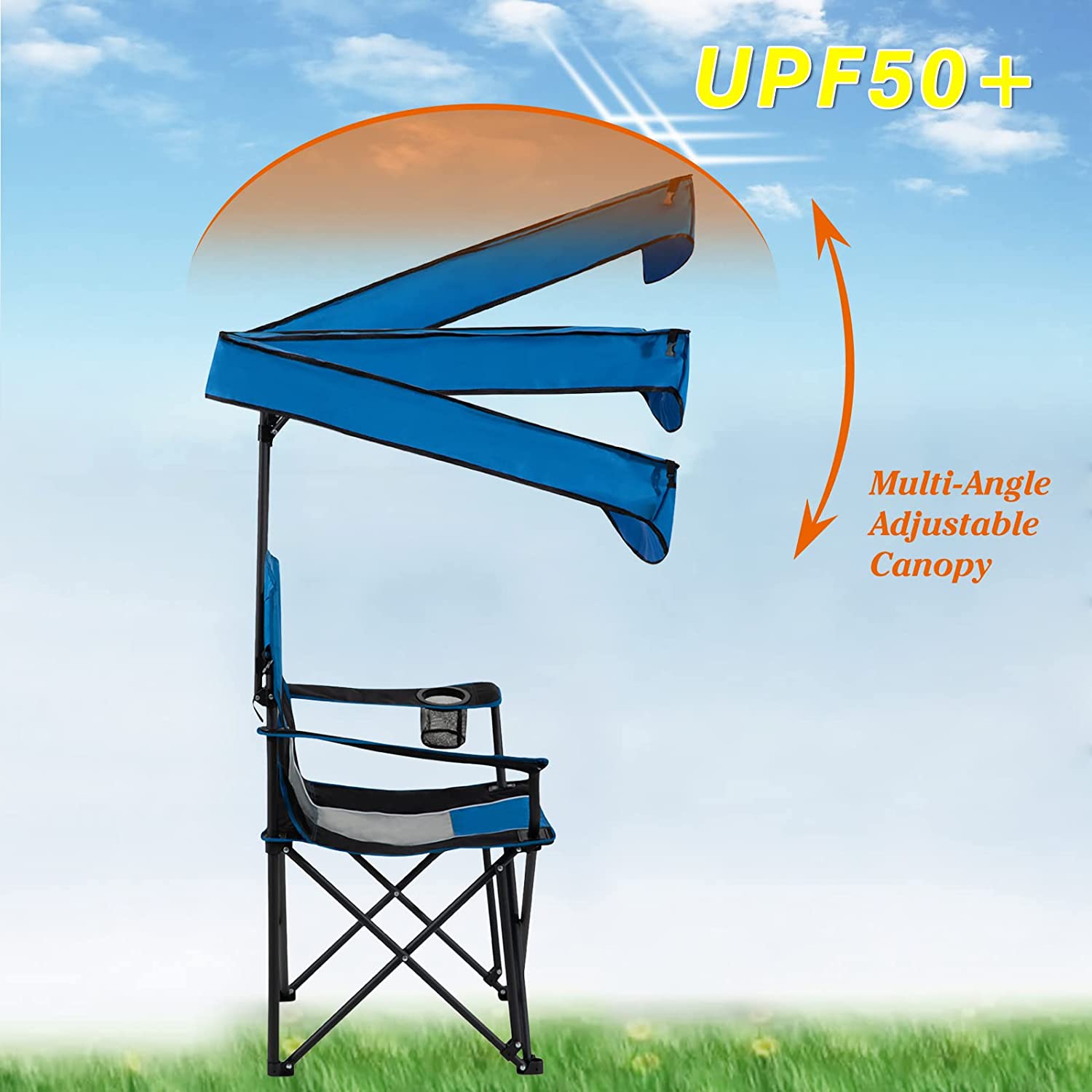 Oversized Camping Lounge Chair with Adjustable Shade Canopy for Outdoor Sports Heavy Duty Quad Fold Chair Arm Chair - Support 350 LBS(Black Blue)
