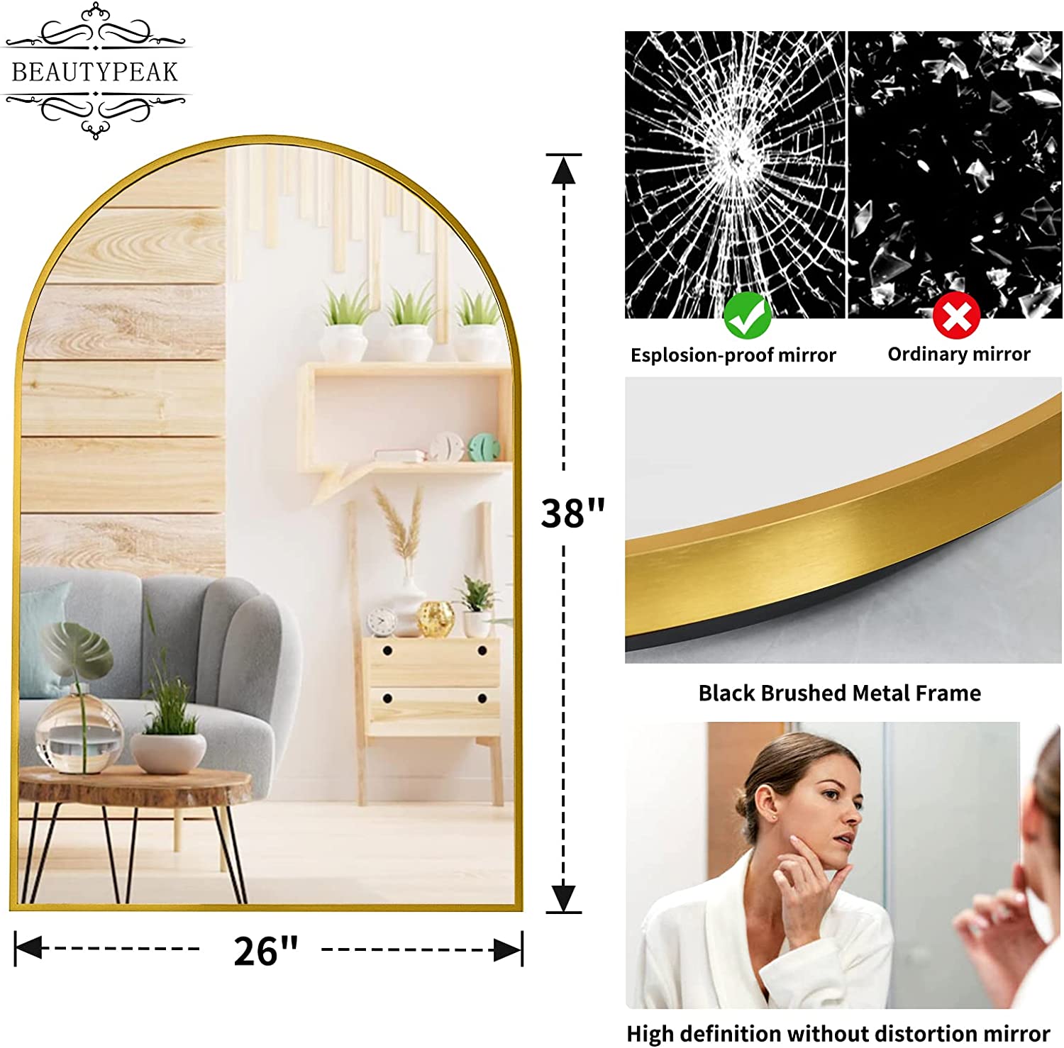 Wall Mounted Mirror 26 inch x38 inch Arch Bathroom Mirror