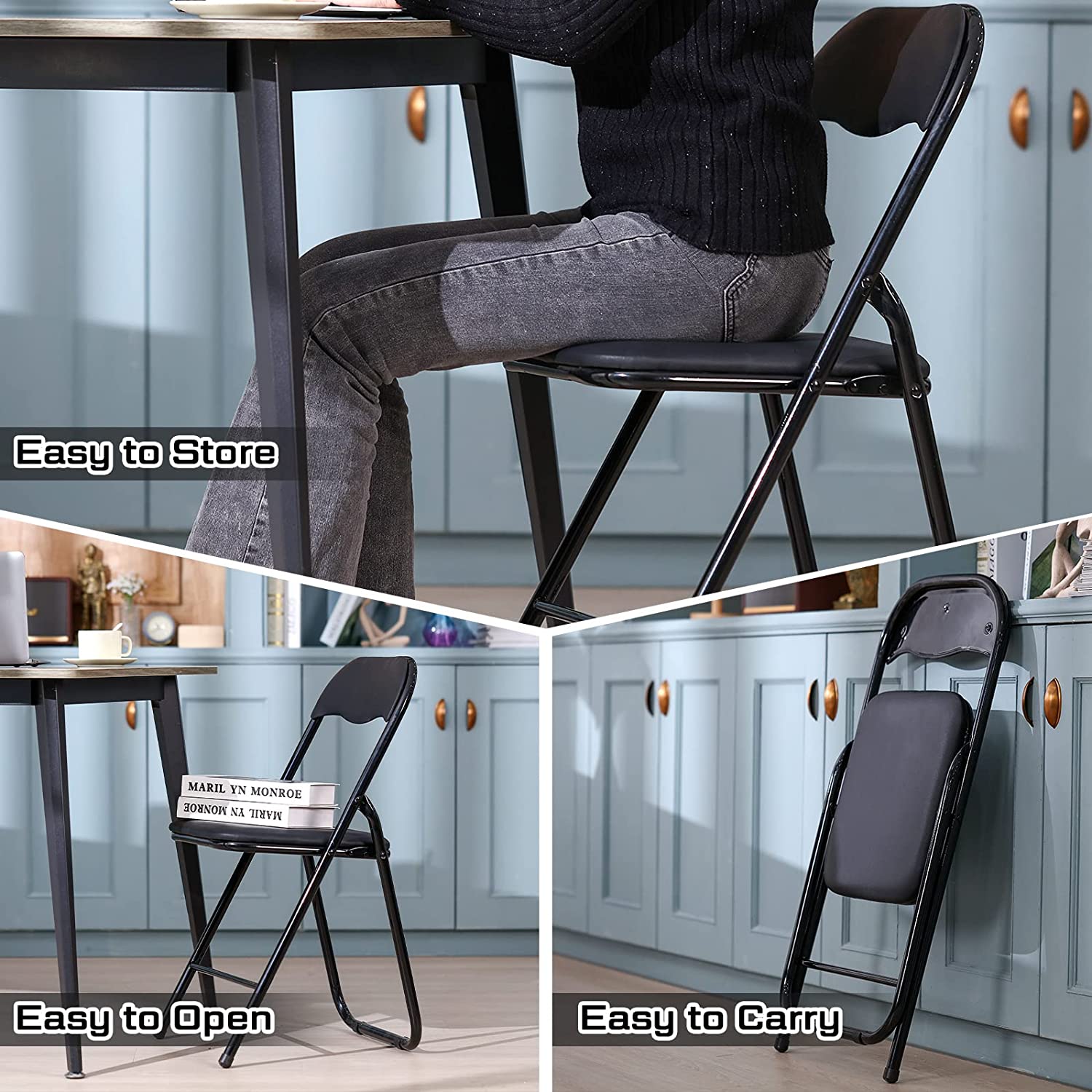 Deluxe Vinyl Padded Metal Folding Chair, 6 Pack, Black