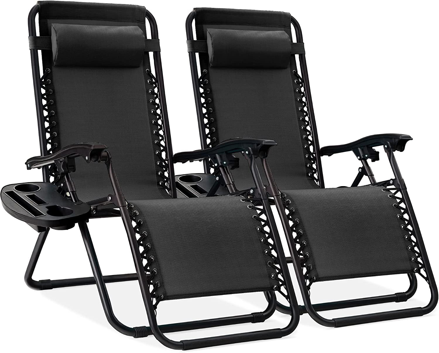 Set of 2 Adjustable Steel Mesh Zero Gravity Lounge Chair Recliners w/Pillows and Cup Holder Trays, Black