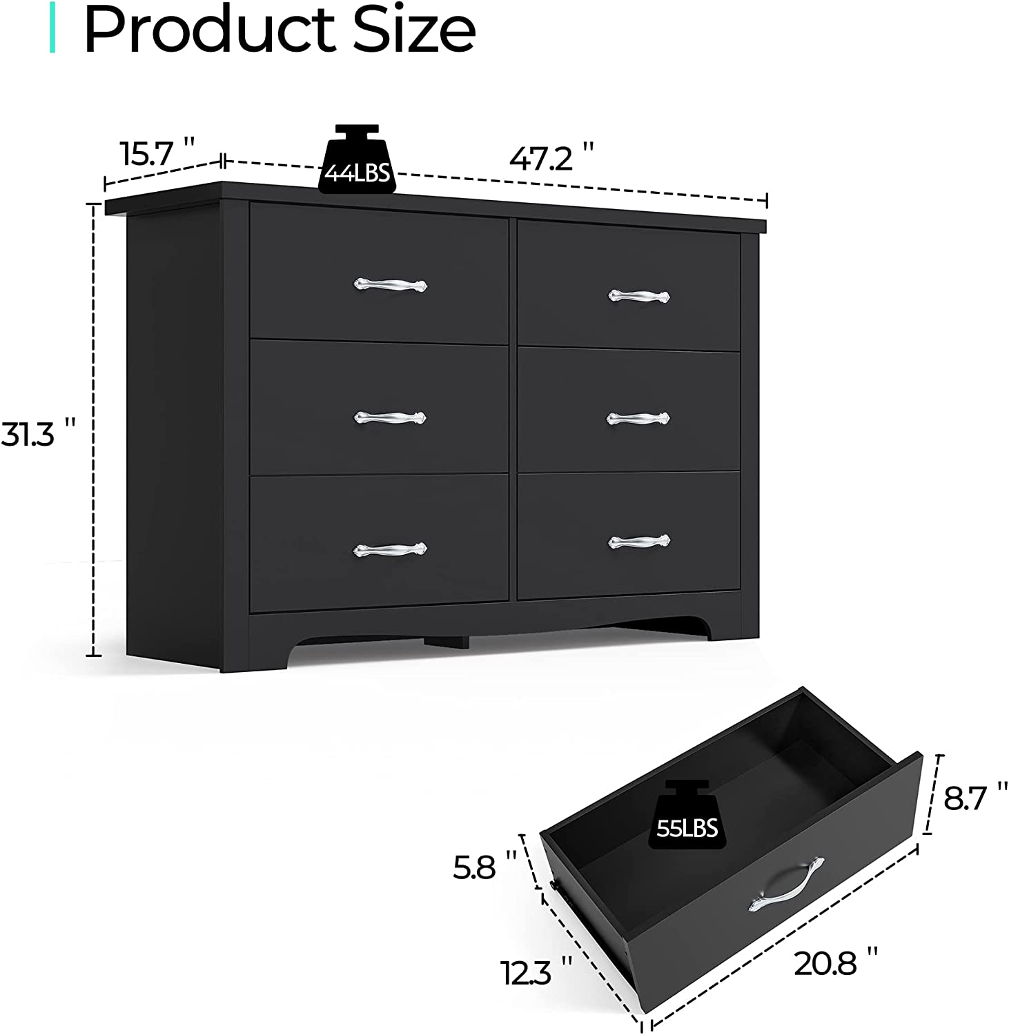 Black Double Dressers,Chest of 8 Drawers