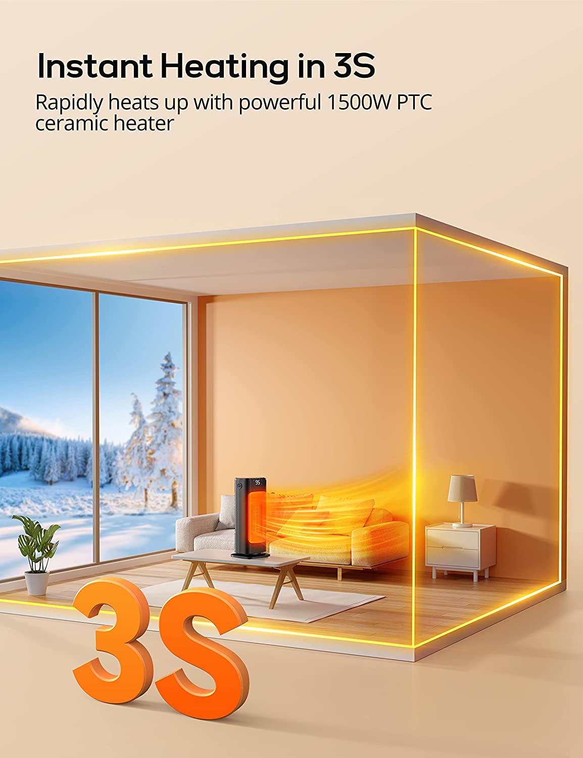 Space Heater, 1500W Heaters for Indoor Use with Thermostat, 3S Fast PTC Ceramic Heating, Overheat Protection, 90¡ã Oscillating, 12H Timer, Remote Control Electric Heater for Bedroom Large Room