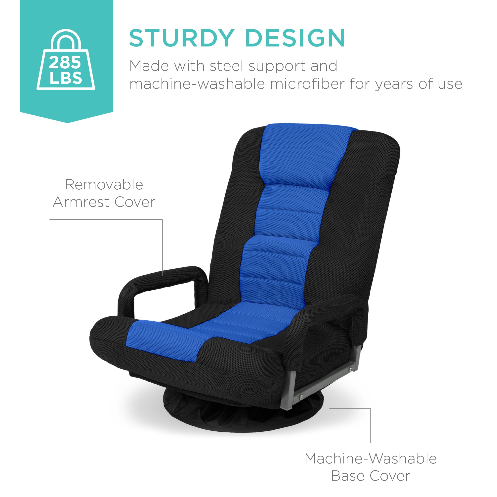 360-Degree Swivel Gaming Floor Chair w/ Armrest Handles, Foldable Adjustable Backrest - Black/Blue